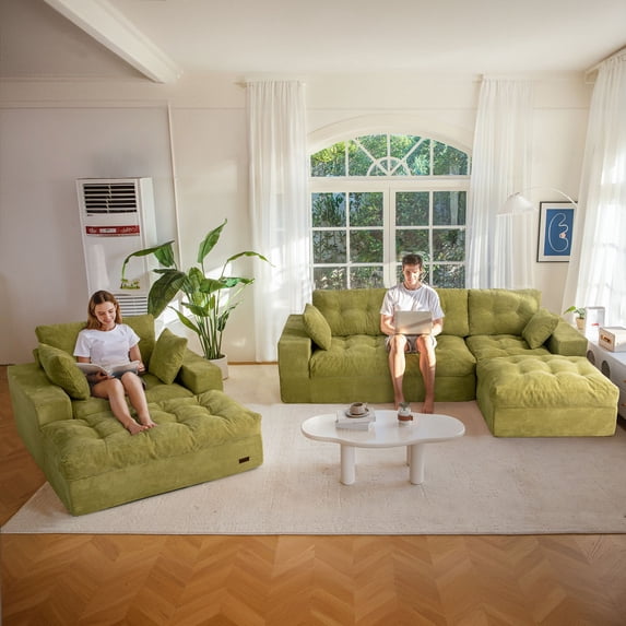 BYBYME Sofa Couch and Chaise Lounge,L Shaped Cloud-Plush Corduroy Boneless Floor Sofa Bed,Tufted Upholstered Sleeper Chair for Living Room,Green