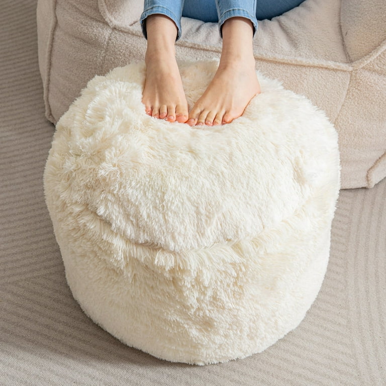 BYBYME Round Pouf Ottoman A Modern Foam Stuffed Poof Perfect to Rest Your Feet 20X15 Faux Fur Soft Poufs for Living Room Beige