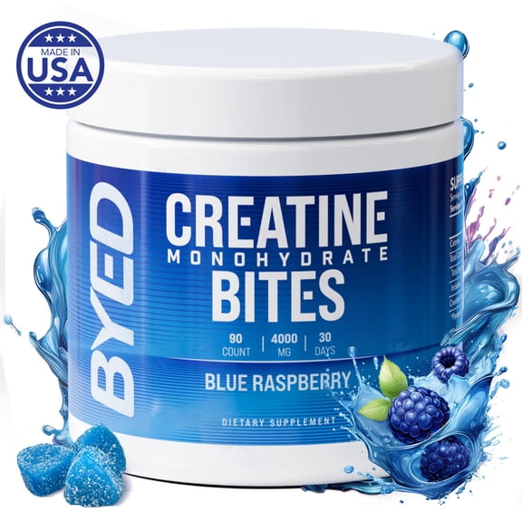 BYED Creatine Monohydrate Gummies - 1.33g Creatine per Gummy for Men & Women, Enhance Strength, Endurance, Focus and Recovery - Third Party Tested, Vegan, Gluten-Free, 30 Servings Blue Raspberry,90ct