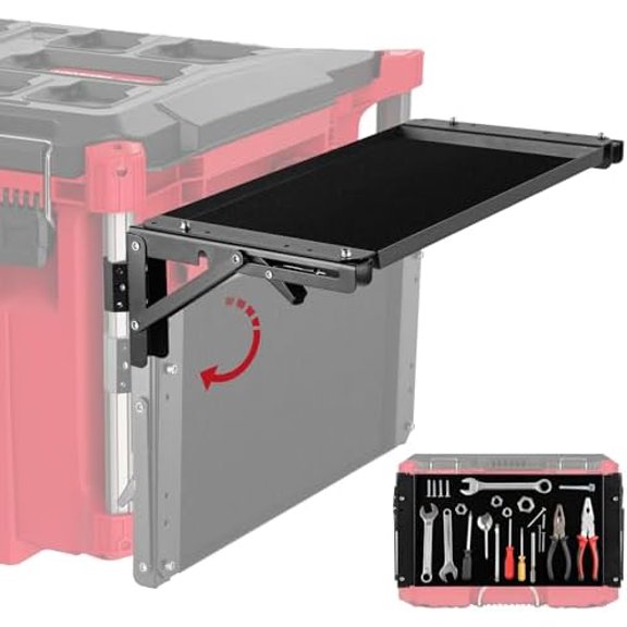 BYERN AUTO Folding Magnetic Side Table Compatible with Milwaukee Packout Toolbox, Heavy-Duty Magnetic Tool Tray with Rail Clips, Rubber-Coated Surface Workbenches, No Drilling Packout Accessories