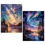 BYGFHLYW 2 Pack Aurora Borealis & Galaxy Mountain Lake Diamond Art Kits, 11.8x15.8 Inch 5D Full Round Drill DIY Diamond Painting for Home or Office Wall Decor