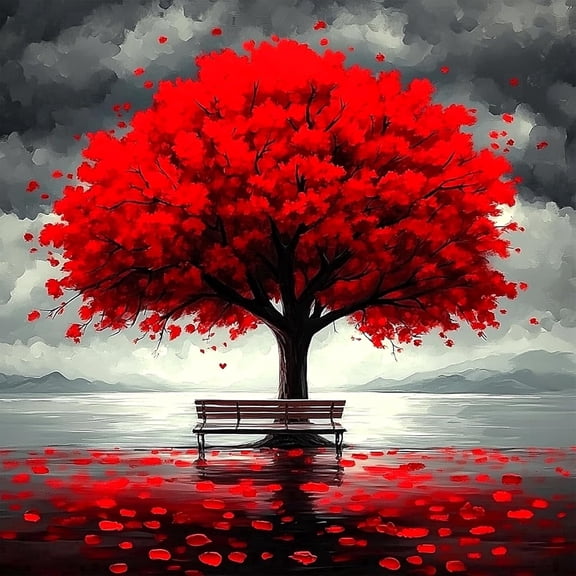 BYGFHLYW 5D DIY Diamond Painting Kits for Adults, Red Tree Lake Scenery Diamond Art Craft, Nature Home Wall Decor 14x14 Inch