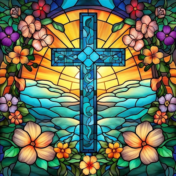 BYGFHLYW 5D DIY Diamond Painting Kits for Adults, Stained Glass Cross Floral Art Diamond Craft, Home Wall Decor 14x14 Inch