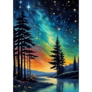 BYGFHLYW DIY 5D Diamond Art Painting Kits for Adults, Northern Lights Starry Sky Pine Forest Lake Landscape Diamond Art, Home Wall Decor 12x16 Inches