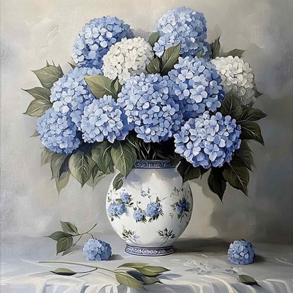BYGFHLYW Diamond Art Kits for Adults, Blue White Hydrangea Flower Vase 5D Full Round Drill DIY Diamond Painting, Floral Home Wall Decor, 13.8x13.8 Inch