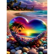 BYGFHLYW Diamond Art Kits for Adults, Heart Shaped Beach Sunset 5D Full Round Drill DIY Diamond Painting, Colorful Pebble Tropical Home Wall Decor, 11.8x15.8 Inch