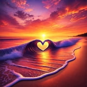 BYGFHLYW Diamond Art Kits for Adults, Heart Wave Sunset Beach 5D Full Round Drill DIY Diamond Painting, Romantic Coastal Home Wall Decor, 13.8x13.8 Inch
