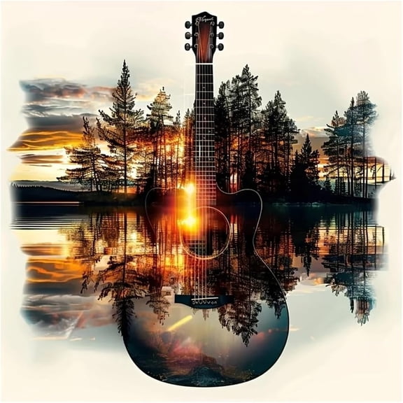 BYGFHLYW Diamond Art Kits for Adults, Sunset Lake Guitar Double Exposure 5D Full Round Drill DIY Diamond Painting, Nature Music Wall Decor, 14x14 Inch
