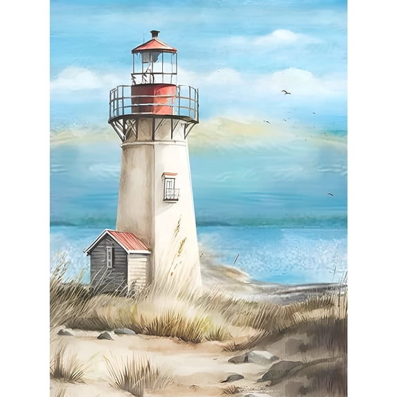 BYGFHLYW Diamond Art Kits for Adults, Watercolor Lighthouse Beach 5D Full Round Drill DIY Diamond Painting, Coastal Nautical Home Wall Decor, 11.8x15.8 Inch