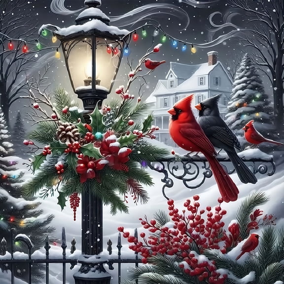 BYGFHLYW Diamond Art Kits for Adults, Cardinal Birds Christmas Snow Scene Pattern 5D Full Round Drill Diamond Painting, Home Wall Decor, 14x14 Inch