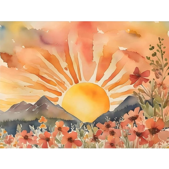BYGFHLYW Diamond Art Kits for Adults, Sunrise Mountain Wildflowers 5D Full Round Drill DIY Diamond Painting, Boho Floral Home Wall Decor, 12x16 Inch