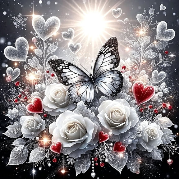 BYGFHLYW Diamond Painting Kit for Adults, Silver Butterfly & White Roses with Red Hearts Art, Romantic Floral Wall Decor for Home, 14×14 Inches