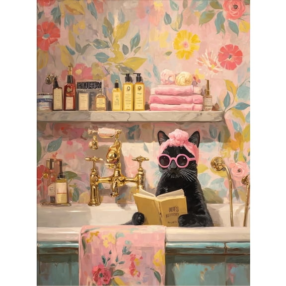 BYGFHLYW Diamond Painting Kits for Adults, Black Cat Reading in Bathtub Diamond Art Craft, Bathroom Home Wall Decor 12x16 Inch