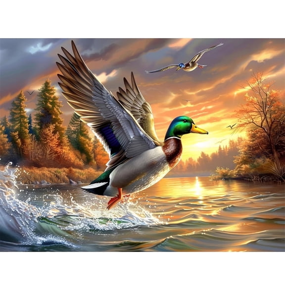 BYGFHLYW Diamond Painting Kits for Unisex Adults, Sunset Mallard Duck Lake Landscape Diamond Art Painting, Home Decor & Relaxation Art, 16×12 Inch
