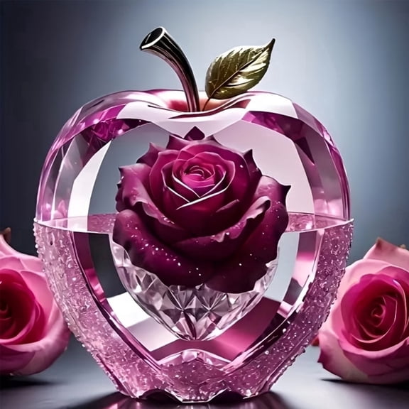 BYGFHLYW Pink Crystal Apple with Purple Rose Diamond Art Kits for Adults,Diamond Painting Kits for Beginner, Home Wall Decor 14x 14 in