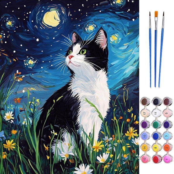 BYGFHLYW Starry Night Tuxedo Cat Paint by Number Kit for Adults, Easy Painting Set for Gift and Home Wall Decor, 16" W x 20" L