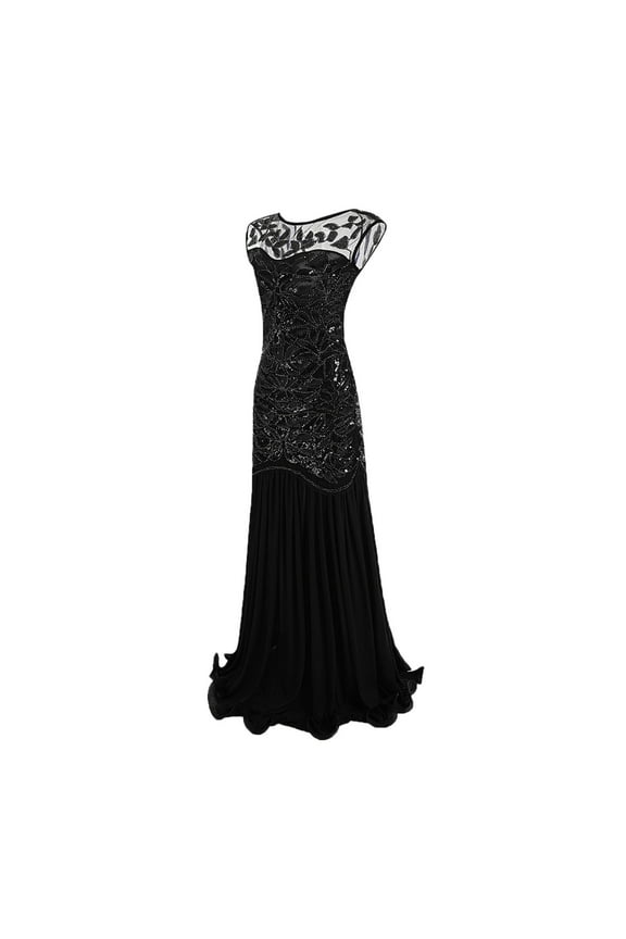 BYHONG 1920party Deess Annual Party Dinner Long Dress Dress Vintage Sequin Beaded Spell Mesh Ruffle Skirts for Women Silver XXL