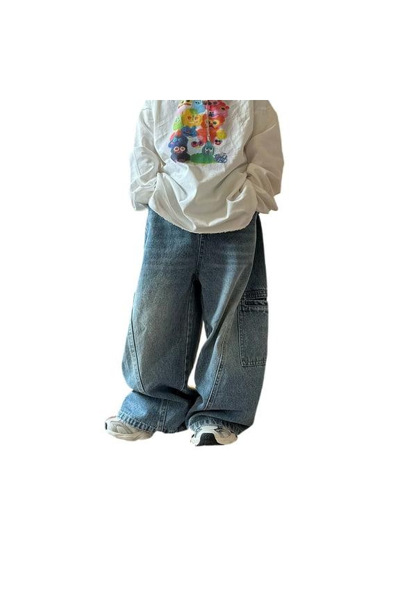 BYHONG Boy's Jeans Wide Leg Pants Loose Straight Leg Pants Blue 90