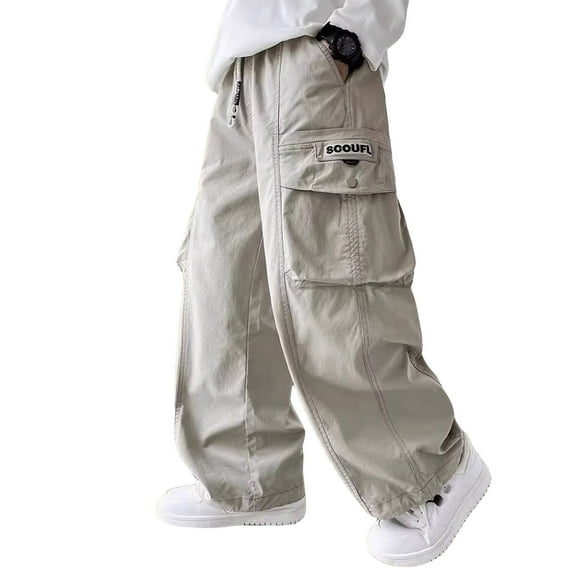 BYHONG Boys Casual Pants Straight Leg Wide Cargo Pants for Kids Age 4 13 Summer Loose Fit Comfortable Daily Wear with Sneakers Khaki 150