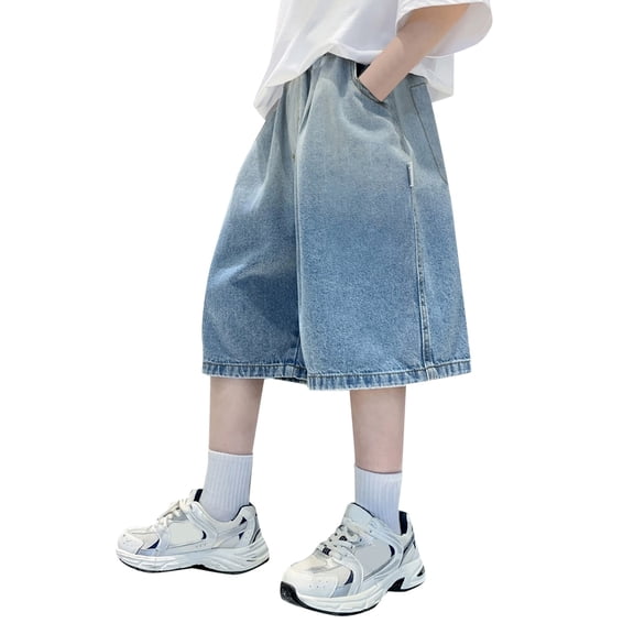 Bmisegm Boys' Casual Straight Denim Shorts Loose Denim Workwear Shorts and Pockets Blue 150