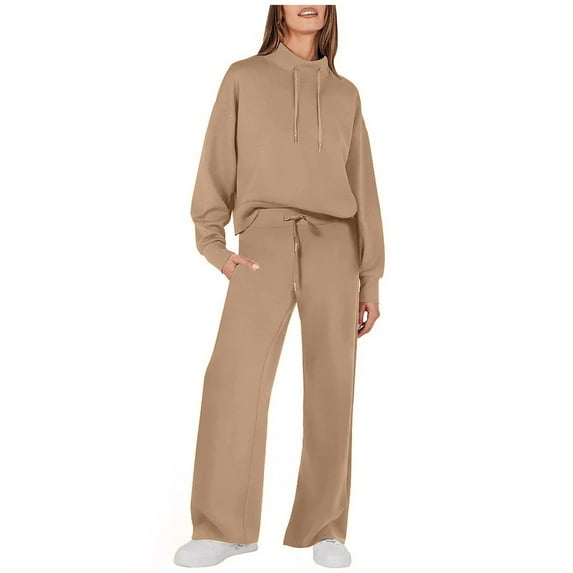 BYHONG Casual Outfits for Women Autumn and Winter Casual Long Sleeve Drawstring Solid Color Pants Suit Women Khaki XL