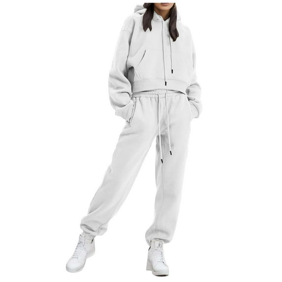 BYHONG Casual Outfits for Women Lined Solid Color Hoodie and Pants Set Long Sleeve Hooded Sweatshirt Suit for Autumn and Winter (2 Piece) White XL