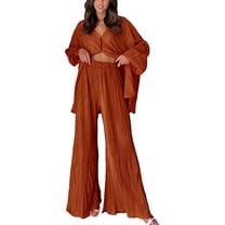 BYHONG Casual Outfits for Women Pleated Long Sleeve Button Down Shirt and Wide Leg Pants Coffee M