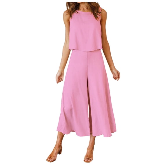 BYHONG Casual Outfits for Women Sleeveless Tank O Neck Top Short Button Top Wide Leg Pants Pocket Two Piece Suit Light Pink XXL