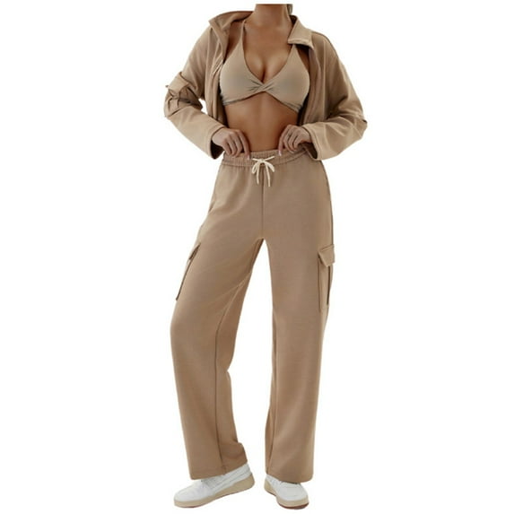 BYHONG Casual Outfits for Women Solid Color Athletic Loose Zipper Two Piece Suit Coffee M