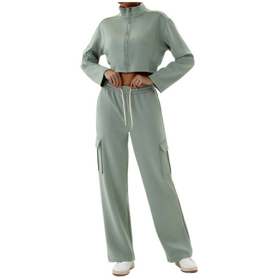 BYHONG Casual Outfits for Women Solid Color Athletic Loose Zipper Two Piece Suit Green S