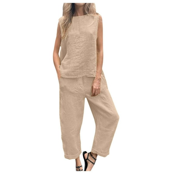 BYHONG Casual Outfits for Women Solid Color Linen Casual Loose Two Piece Set | Sleeveless Top & Wide Leg Pants Ensemble Khaki S