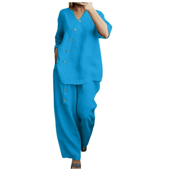 BYHONG Casual Outfits for Women Solid Color and Linen Three Quarter Sleeve Top and Wide Leg Pants Two Piece Set Blue XL