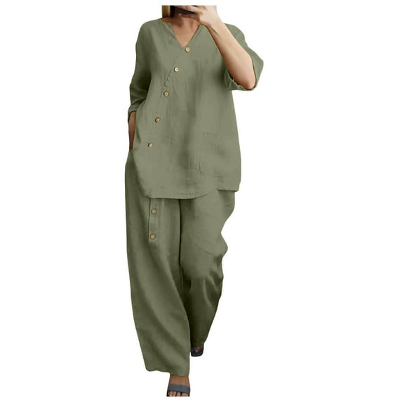 BYHONG Casual Outfits for Women Solid Color and Linen Three Quarter Sleeve Top and Wide Leg Pants Two Piece Set GN2 XL