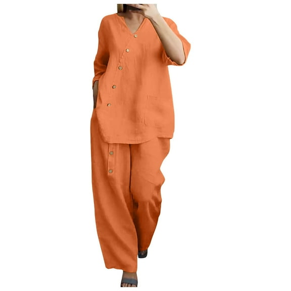 BYHONG Casual Outfits for Women Solid Color and Linen Three Quarter Sleeve Top and Wide Leg Pants Two Piece Set Orange XXXL