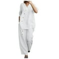 thumbnail image 1 of BYHONG Casual Outfits for Women Solid Color and Linen Three Quarter Sleeve Top and Wide Leg Pants Two Piece Set White XXXXL, 1 of 7