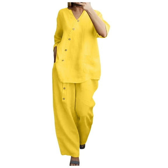 BYHONG Casual Outfits for Women Solid Color and Linen Three Quarter Sleeve Top and Wide Leg Pants Two Piece Set Yellow M
