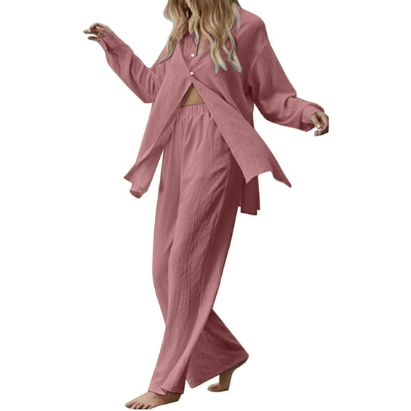 BYHONG Casual Outfits for Women Solid Long Sleeve Temperament Slit Long Shirt Wide Leg Trousers Two Sets RD1 S