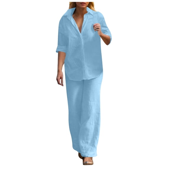 BYHONG Casual Outfits for Women Wide Leg Pant Long Sleeve Shirts with Pockets Pullover Lounge Set Light Blue S