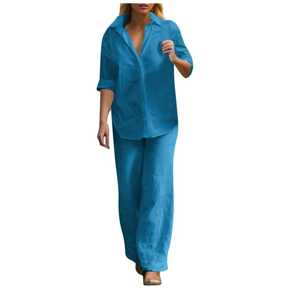 BYHONG Casual Outfits for Women Wide Leg Pant Long Sleeve Shirts with Pockets Pullover Lounge Set Sky Blue XXL