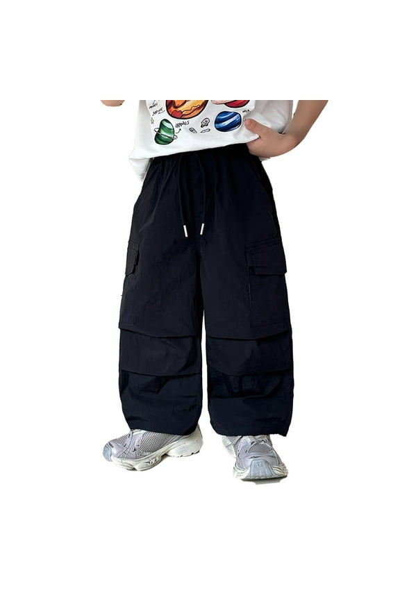 BYHONG Children's Parachute Pants Wide Leg Overalls Retro Solid Color Fashion Jogging Pants Hop Dance Streetwear with Pockets (3 12 Years Old) Black 90