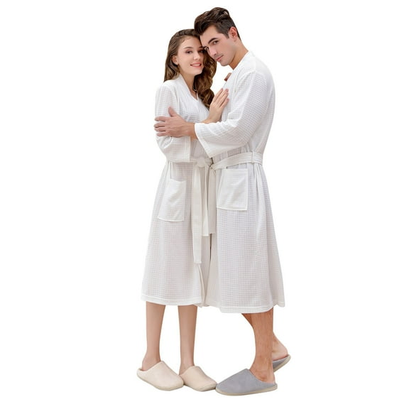 BYHONG Couple Long Cardigan Hotel Home Wear Bathrobe Bathrobe Bathrobe Nightgown Underwear White M