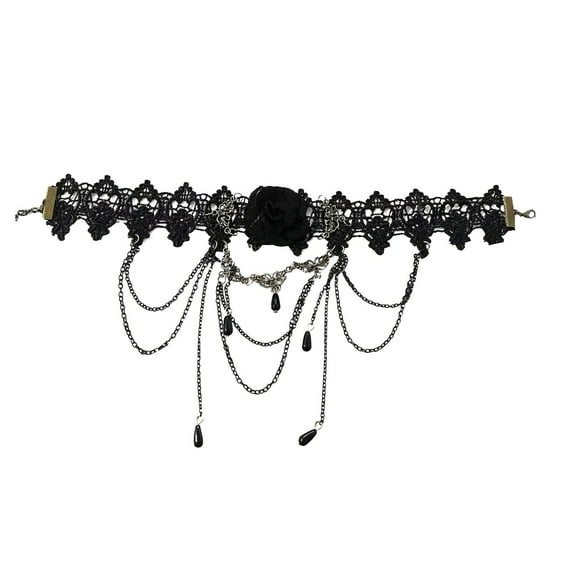BYHONG Dark Gothic Black Lace Choker Necklace for Women Fringe Pendant with Rose Charm Black One Size