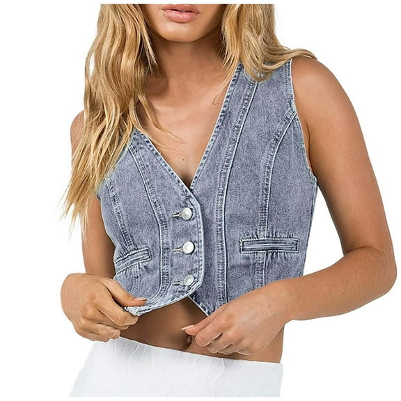 BYHONG Denim Corset Top For Women Button Down Denim Vest Sleeveless V Neck Washed Distressed Jean Jacket Blue M