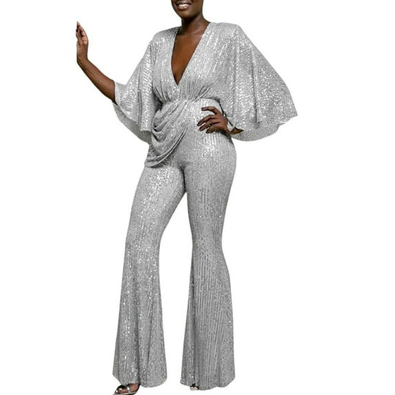Bmisegm Elegant Glittering Women's Jumpsuit with Deep V Neck Wide Sleeves and High Waist for Glamorous Evenings Summer Jumpsuits Silver M
