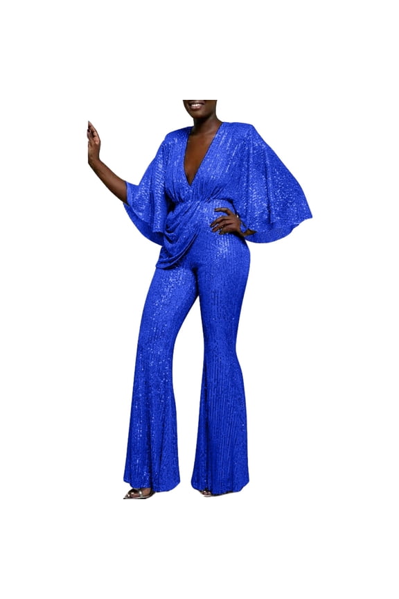 Elegant Glittering Women's Jumpsuit with Deep V Neck Wide Sleeves and High Waist for Glamorous Evenings Womens Summer Jumpsuits 2024 Blue M