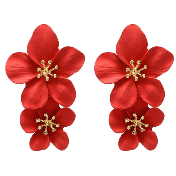 BYHONG Elegant Large Metal Double Luster Matte Flower Earrings Chic Statement Dangle Drop Flowers Wedding Earrings Anniversary Friendship Exquisite Jewelry Gifts Earrings for Women Red One Size