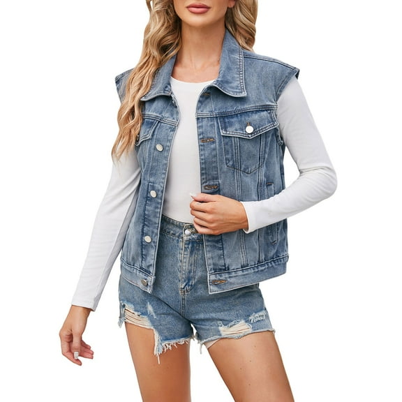 BYHONG European and Border Independent Station New Washed Classic Style Denim Vest Vest Top for Women Women's Outerwear Vests Blue L