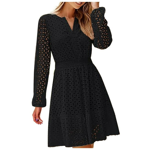 BYHONG Fall Dresses for Women 2024 Women's V Neck Hollow Holed Embroidered Pleated Long Sleeved Dress Women's Fall Dresses Black S