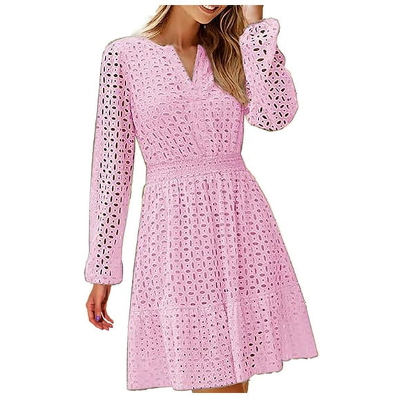 BYHONG Fall Dresses for Women 2024 Women's V Neck Hollow Holed Embroidered Pleated Long Sleeved Dress Women's Fall Dresses RD1 M