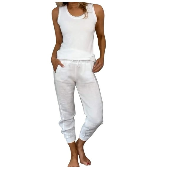 BYHONG Fall Outfits for Women 2024 Linen Vest and Drawstring Casual Pants Set Summer Sleeveless Top with Elastic Waist Trousers Two Piece Outfit White L